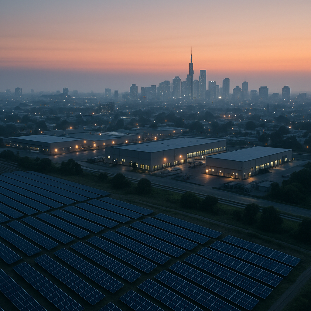 I want an image that shows community development with solar farms along with manufacturing  I want the image to be sleek minimalist but also reflects a global research capital firm think lights on in a city at dawn but realistic no need to write any-1